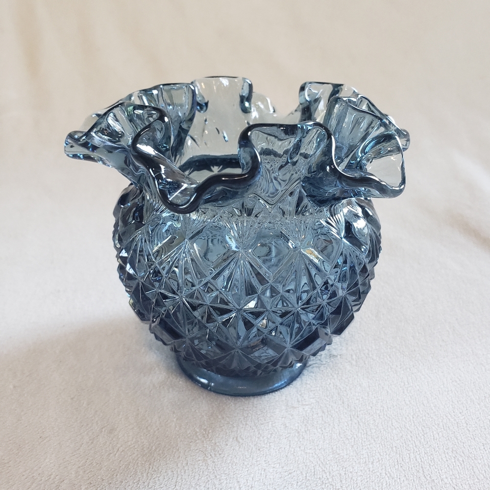 Fenton Smoke Blue Ruffled Rim Vase